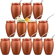 SUN GKOTTA 12Pcs 15oz/444ml Cantaritos De Barro Bulk With 12 Straws,Jarritos De Barro Mexicanos Pottery Cocktail Glasses,Natural Mexican Clay Mugs Taco Tuesday Cups For Tequila,Margaritas