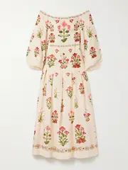 [Agua by Agua Bendita] Agua by Agua Bendita - Senlis Off-the-shoulder Pleated Floral-print Linen Maxi Dress - Cream - small small Cream