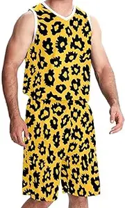 [KQNZT] Basketball Jerseys Shorts Sport Set, Jerseys for Men, Men's Athletic Basketball Jerseys, Yellow Leopard Print Modern