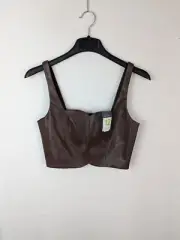 Primark Ladies casual crop top zip blouse size 12 brown faux leather New