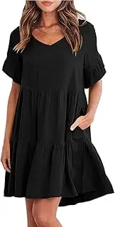 [Generic] Women's Summer Tunic Dress V Neck Ruffle Short Sleeve Casual Loose Swing Mini Dresses