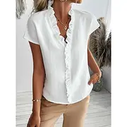 Women's Shirt Solid Color Plain Elegant Tropical Daily Short Sleeve V Neck Regular Tops Daily Holiday Beach Wear Ruffle White Orange Green Light Blue Summer Sp