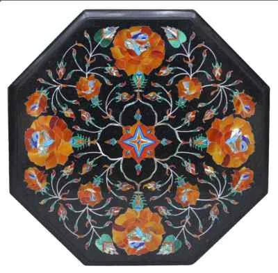 18" Floral Design antique Inlay center Table Top Black Marble coffee Side Table