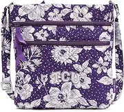Vera Bradley Cotton Collegiate Triple Zip Hipster Crossbody Handbag Purse (Multiple Teams Available), PurpleWhite Rain Garden with Texas Christian University
