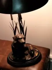 Vintage Bronze Lamp, Labrador Dog Sitting at the Base with Duck Decoy in Reeds