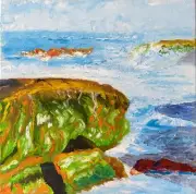 OIL PAINTING ORIGINAL. SIGNED. Cliffs By the Ocean Scene. Made by Human Art.