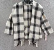 AQUA Scarf Collar Coat Women's XS Black/White Check Wool Blend Patch Pocket L/S