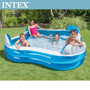 INTEX 藍色透明有靠墊戲水游泳池229x229x66cm(56475N)