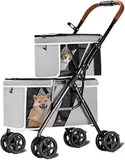 2 Layers pet Stroller for Dogs and Cats,4 Wheels pet pram cart with mesh Window and Door,Foldable pet Trolley,Swivel Front Wheel,Rear Wheel with Foot Brakes