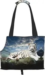 vacsAX Majestic Tiger Resting on a Rock with Cloudy Sky Dog Carrier Purse, Foldable Waterproof Pet Travel Tote Bag with Pockets for Cat and Small Dog, Black, One Size
