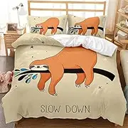 Eveone Cartoon Sloth Duvet Cover Small Animal Quilt Cover Single/Double/Queen/King Size Bed Sheets Pillowcase Set Cute Full of Childlike Chic for Girls Kids Bedding 2/3/4PCS (Single-140*210cm-3pcs,3)