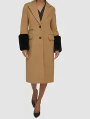 Karl Lagerfeld Paris Women's Brown Faux-Fur-Cuff Long Coat Jacket Size 10