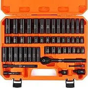 HORUSDY 50-Piece 3/8" Drive Impact Socket Set, Standard SAE (5/16 to 3/4 inch) and Metric (8-22mm) Size, 6 Point, Cr-V, 3/8-Inch Drive Ratchet Wrench, Drive Extension Bar, Impact Universal Joint