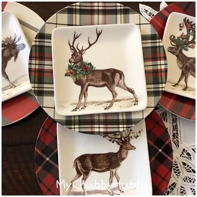 NIB Pottery Barn S/8 ~SILLY STAG & ALPINE PLAID~ PLATES ~4 Appetizer & 4 Salad~