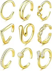 [FANCH] 9Pcs Toe Rings for Women Hypoallergenic 14K Gold Filled Zirconia Teardrop Opal Celtic Band Infinite Adjustable Open Toe Rings Thumb Knuckle Rings Summer Beach Foot Jewellery Set