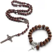 [Wovella] 2 Piece Handmade Wood Catholic Rosary Beads Necklace with Saint Benedict Medal and Cross Durable Quality Pinewood Unique Texture