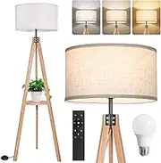 OUTON Solid Wooden Tripod Floor Lamp, Standing Lamp with Remote Control, Dimmable & 4 Color Temperatures 1H Timer Floor Lamp with Storage Shelf for Living Room Bedroom Office Brown