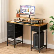 Advwin 120cm Computer Desk with RGB LED Lights Power Outlets Monitor Stand Study Table Workstation with Removable Drawers Walnut