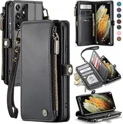 [Defencase] for Samsung S21 Ultra Case, RFID Blocking for Samsung Galaxy S21 Ultra Case Wallet for Women and Men with Card Holder, Zipper Magnetic Flip PU Leather for Galaxy S21 Ultra Phone Case, Black