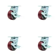 4 Inch Poly on Aluminum Caster Set with Ball Bearings and Brake/Swivel Lock SCC