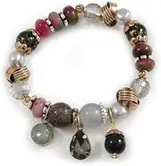 [Avalaya] Black/Grey/Purple Glass and Semiprecious Bead, Gold Tone Metal Rings Flex Bracelet-Size M