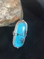 Blue Turquoise Southwestern Navajo Sterling Silver Adjustable Ring Size 9 10180