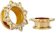 [KUBOOZ] Jewelry Gold Plated Flower Stainless Steel Crystal Gems Screw Back Ear Plugs Gauges Sold in Pairs