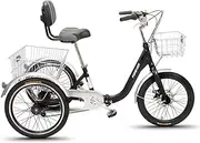DEFGHIJ Foldable Tricycle 3 Wheel Trikes Bikes 7 Speed with Low Step Through with Basket for Recreation Shopping Exercise Men's Women's Bike(Size:Black)