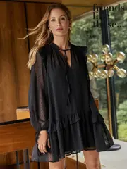 Friends Like These Black Petite Long Sleeve Dobby Chiffon Mini Dress With Tie Neck (F11992) | $70