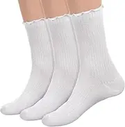 [Wanmu] 3 Pairs Womens Socks, Ruffle Socks, Ruffle Turn-Cuff Casual Ankle Socks, Turn-Cuff Crew Socks, Cotton Frilly Ankle Socks, White Lettuce Edge Boot Socks, White