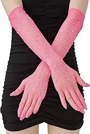 [OTPEH] Women Rhinestone Fishnet Long Gloves Mesh Sparkly Glitter Fashion Opera Gloves For Party Halloween Costumes Accessories