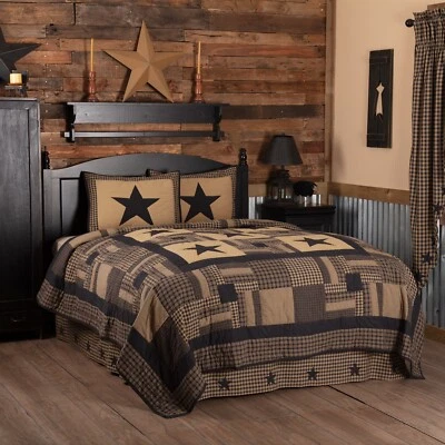 Black Check Star Queen Quilt Set 2 Shams Log Cabin Patchwork Hand Quilting