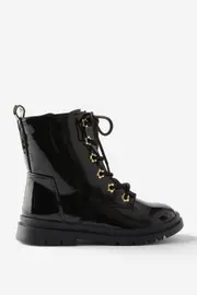 [Cotton On Kids] Cotton On Kids - Combat Lug Boot - Black patent/gold flower eyelets 11 BLACK PATENT/GOLD FLOWER EYELETS