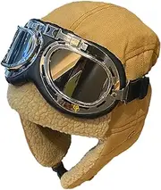 PUCHEN Pilot Costume Hat | Beanie With Goggles | Aviation Costume for Adults, Winter Hat for Climbing, Cycling - Khaki