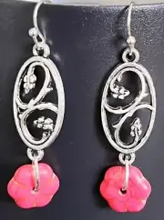 Silver and Watermelon Red Flower Earrings. Boho Chic.