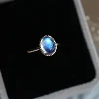 在飛比找樂天市場購物網優惠-新款玻璃體人造月光石戒指可調節925純銀玫瑰金藍光彩虹指環氣