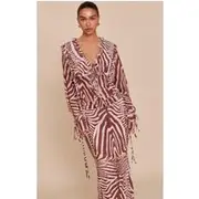 Brown Zebra Print Chiffon Ruffle Tie Front Blouse, Brown