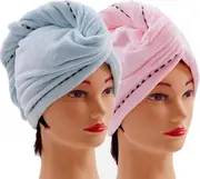 Microfiber Hair Towel Wraps for Women [2 Pack] Quick Dry Anti-frizz Head Turban with Button (Blue & Pink)
