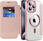 CcacHe Magnetic for iPhone 15 Pro Max Case,[Compatible with Magsafe] Card Slot Flip Folio Wallet Shockproof Drop Protection Leather Phone Case for iPhone 15 Pro Max 6.7 Inch (Pink)