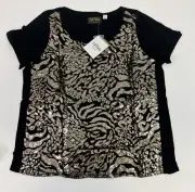Bob Mackie Short-Sleeve Sequin Front Knit Top Animal Print Size Large