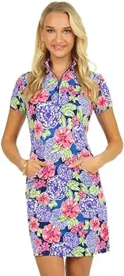 Ibkul Larisa Floral Print Short Sleeve Zip Mock Neck Dress Pockets Navy Purple