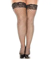 Plus Size Stay Up Silicone Lace Top Diamond Net Thigh High Stockings