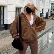 Plain Zip-Up Hoodie Brown - M