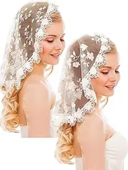 Boao 2 Pcs Catholic Veil for Church Floral Lace Embroidery Head Coverings Chapel Latin Mass Mantilla Christian Veil for Women