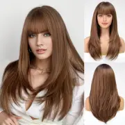 Brown Wig With Bangs For Women Long Straight Layered Wigs Synthetic Layered H...