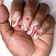 Valentine’s Day Press on Nails Medium Length Coffin Square Fake Nails Heart Star Swirl Pattern Stick on Nails Reusable Full Cover False Nails art Decorations Nude Glossy Artificial Glue on Nails