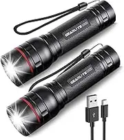 GEARLITE LED Mini Torch Rechargeable, 2000 Lumens LED Torch Extremely Bright with 3 Modes, Zoomable Torch LED with Long Running Time, IP65 Waterproof Flashlight for Camping Outdoor (Pack of 2)