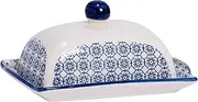 Nicola Spring Hand Printed Butter Dish with Lid - 18.5x12cm - Navy Vintage Floral Porcelain Kitchen Butter Dish Fridge Cheese Storage Container for Cheese, Margarine