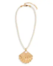 Ettika Cultured Freshwater Pearl Scalloped Shell Cord Pendant Necklace in 18K Gold Plated, 15-20