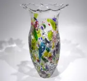 LARGE HAND BLOWN GLASS ART VASE/CENTERPIECE, END OF DAY GLASS, DIRWOOD, n3921